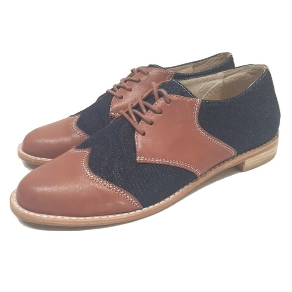 F-Troupe Womens Saddle Shoes Sz 39 Leather and Denim Brown Blue US Sz 8.5 - Picture 13 of 16